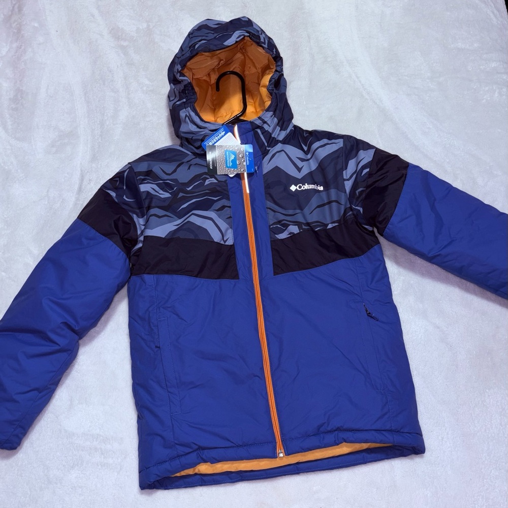 Columbia Blue and Black Patterned Jacket with Orange Lining